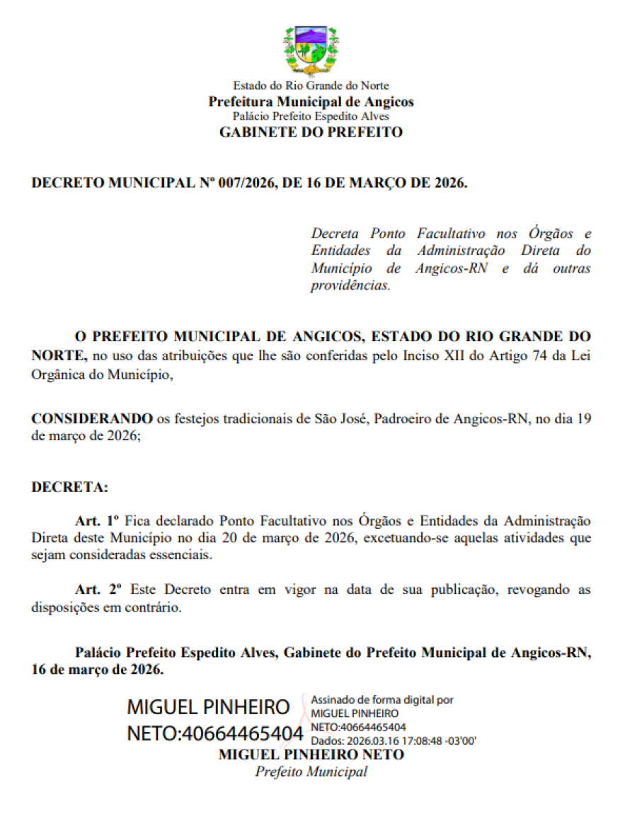 Angicos decreta ponto facultativo para o dia 20 de março